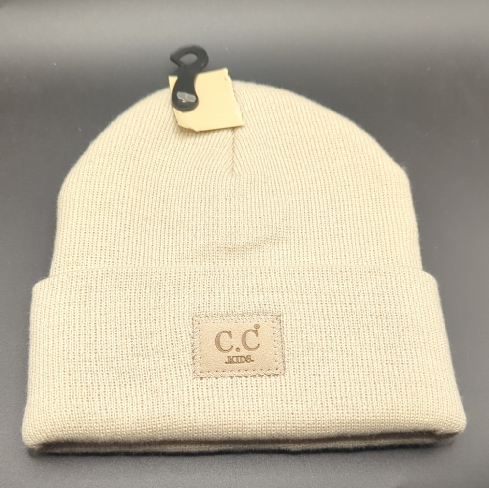 C.C Kids Winter Warm Classic Beige Rib Beanie Hat with C.C Suede Patch